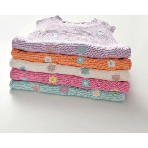 Baby Girls Knitted Vest 2021 Sleeveless Sweet Flower Embroidery Sweater Spring Autumn Kids Casual Pullover Tops