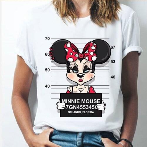 Spoof Minnie Mickey Mouse Prison Style Graphic T Shirt Women 2021 Summer Short Sleeve Tees Tops Casual Loose Woman T-shirts