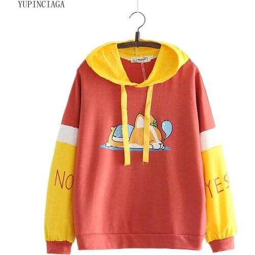 Women Harajuku Patchwork Hoodies Sweatshirt Japan Style Cartoon Colorblock Sleeves Funny Dog Print Hooded Tracksuit Pullover