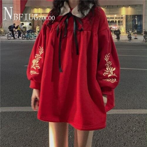 Christmas New Year Red Color Women Sweatshirts Lapel Bowknot Female Sweatshirt