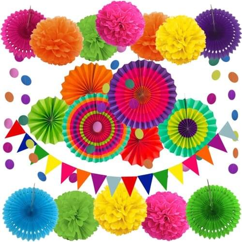 21Pcs Hanging paper fans, pompoms, garland triangles and colorful flags, suitable for birthdays, weddings, carnivals, parties