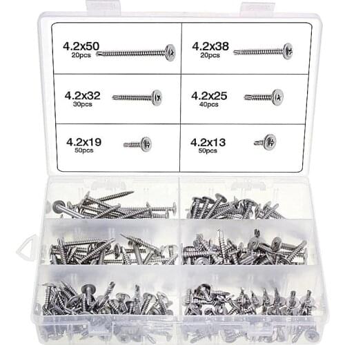 210pcs Phillips Flat Head Self Drilling Tapping Screw Kit 410 Stainless Steel M4.2 Round Head Hard Drilling Tail Screw