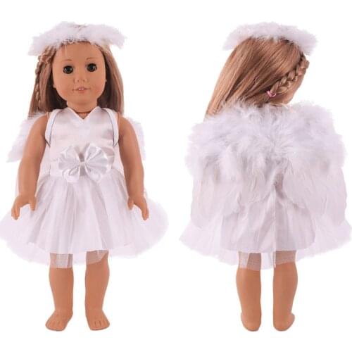 White Angel Set Dress Wing Hairpin Wear For 18 Inch American Dolls & 43 Cm New Born Baby,Our Generation Doll Clothes Accessories