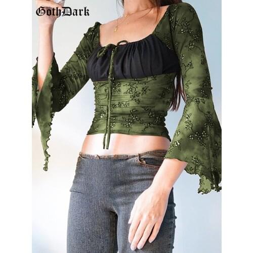 Goth Dark Vintage Brown Gothic Flare Sleeve T-shirts Women Grunge Fairycore Cropped Tops Autumn Lettuce Hem Bandage Milkmaid Tee