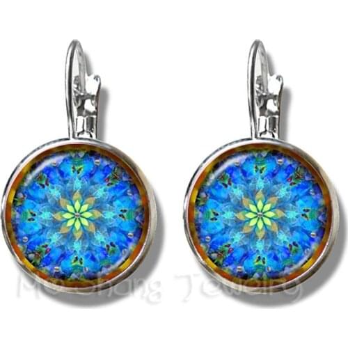 Classic OM Yoga Chakra Mandala Glass Dome Earrings Sacred Geometric Purple Flower Silver Plated Stud Earrings For Girls Gift