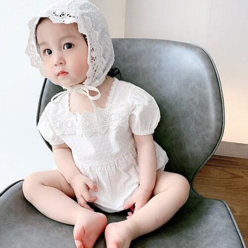 2021 New Newborn Baby Girl Short Sleeve Solid Romper Baby Jumpsuit Clothes Toddler with Lotis Leaf Collar And Hair Hat Princess