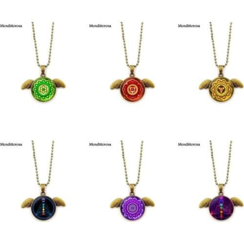 Mendittorosa Yoga Reiki Healing Spiritual Vintage Jewelry Choker Long Bronze Angel Wings Pendant Necklace For Women Party Gift