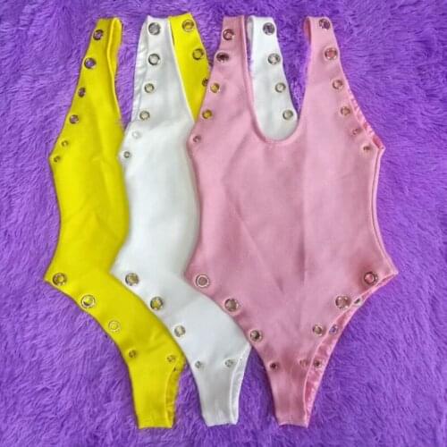 Fashion women dress pink white yellow slim sexy strap backless hollow out bodycon bandage swimsuit summer beach bathing suit