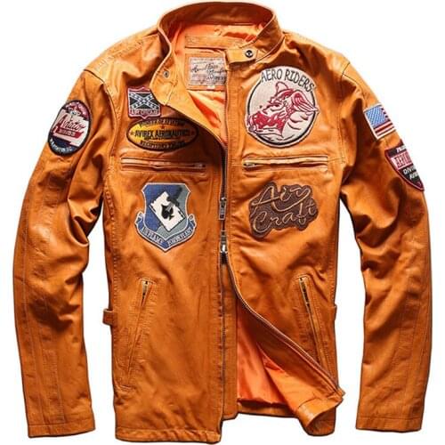 Genuine Leather Jacket Mens Multi Embroidery Sheepskin Leather Cowhide Jacket Motorcycle Spring and Autumn Jackets