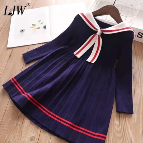 New Girls spring autumn Navy style Girls Dress of Girls 3-12y Kids princess Party Sweater Knit dress winter Baby girl clothes