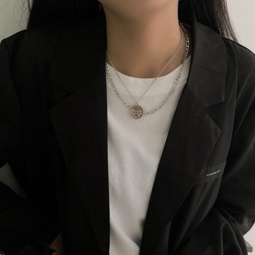 Retro Double Layers Letter Coin Pendant Necklace for Women Female Silver Color Linked Chain Portrait Choker Necklaces Jewelry