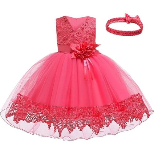 Baby Girls Christmas Dress & Headband For Girls Lace Beading 1 Year Birthday Flower Dresses For Kids Wedding Princess Baptism
