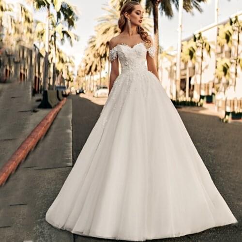 Sweetheart Off The Shoulder Appliques Lace Up Tulle Wedding Dress 2021 Vestido De Noiva Bridal Gown