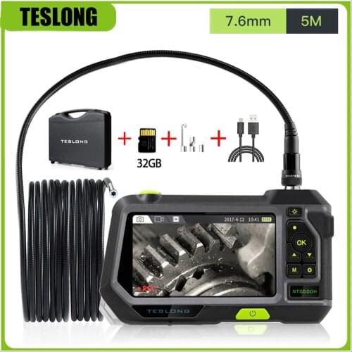 TESLONG Digital Inspection Camera 5.0" LCD Screen 7.6mm Diameter 5m Snake Tube Hard Wire Industrial Endoscope Camera 6 LED IP67