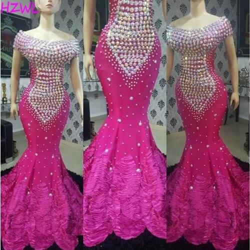 2020 Gorgeous Fuchsia Prom Dresses Beaded Mermaid Evening Dress Vestidos Custom Made Formal Party Gown Robe De Soiree