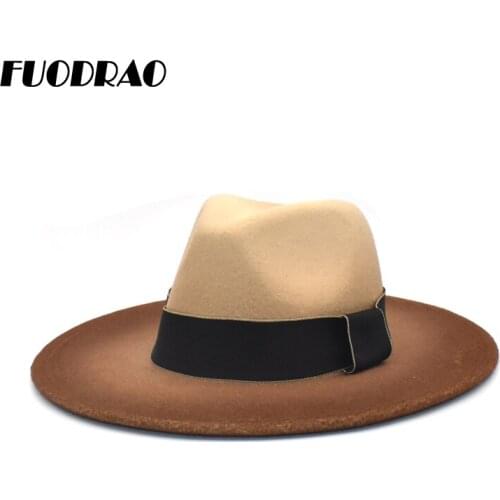 FUODRAO New Wool Fedora Hat Women Men Church Sombrero Mujer Gentleman Hats Wide Brim Panama Vintage Gradient Color Jazz Cap D19