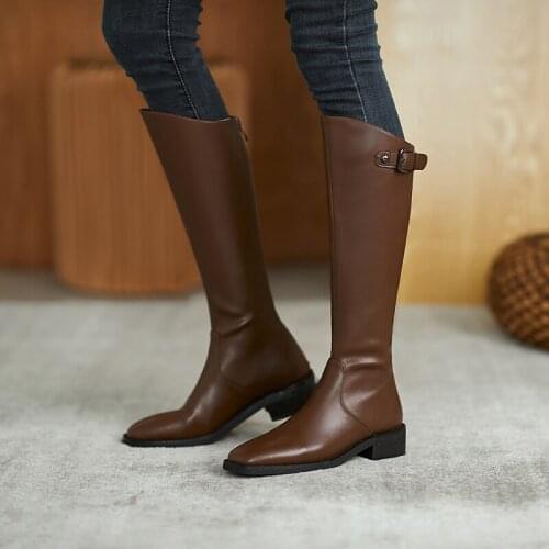 High Quality 2021 New Winter Fashion Genuine Leather Boots Women Square Low Heels Boots Knee High Boots Female Shoes