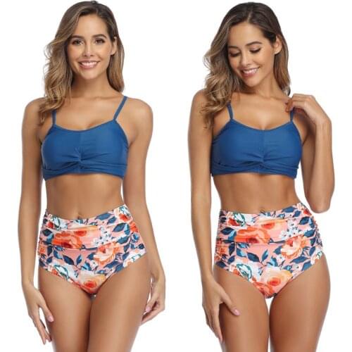 Women Sexy 2 Piece Bikini Set Twist Front Backless Bra High Waist Ruched Floral Bottoms Swimsuit Tie Back Bathing Suit