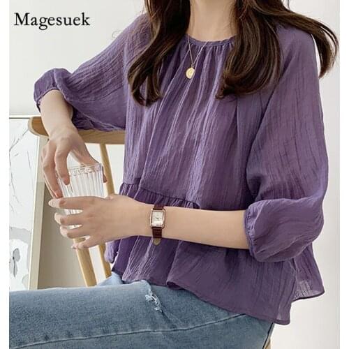 2021 Round Neck Ruffled Pleated Womens Blouse Plus Size Summer Loose Chiffon Shirt Japanese Style Sweet Top Female Blusas 15371