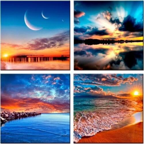 4 panel Modern Prints Beach Seascape Painting Sea Sunset Painting Wall Picture For Living Room