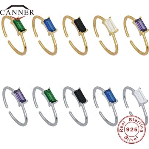 CANNER Colorful Square Zircon 100% Real 925 Sterling Silver Rings for Women Opening Adjustable Wedding Ring Jewelry Gift anillos