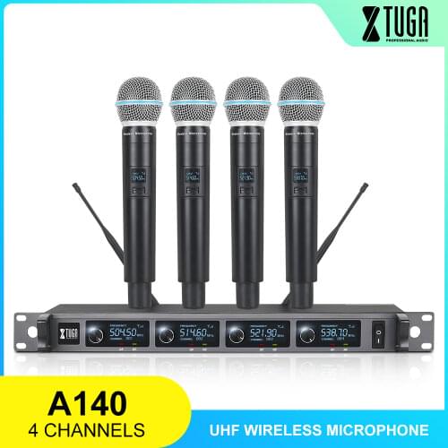 XTUGA 4 Channel UHF Wireless Microphone System 4Handheld Professional Fixed Frequency Cordless Mic Up to 300Ft for Karaoke,Party