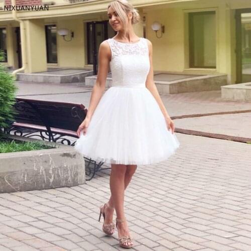 New Custom Short Wedding Dress Scoop Neck Sleeveless Lace Top A-line Tulle Bridal Wedding Dresses Vestido De Noiva