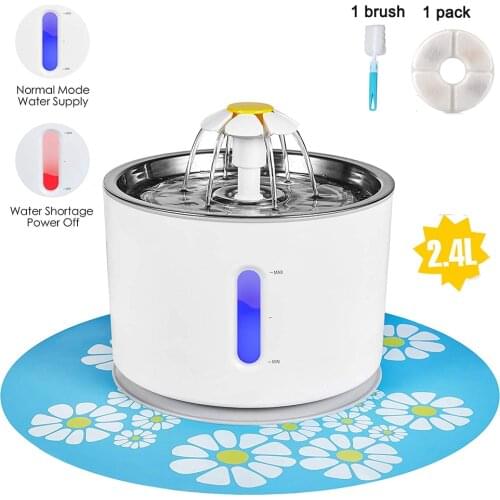 Cat Water Fountain 2.4L Stainless Steel Intelligent Auto Power Off Pump Water Level Window LED Light 1 mat 1 filters 1 brush