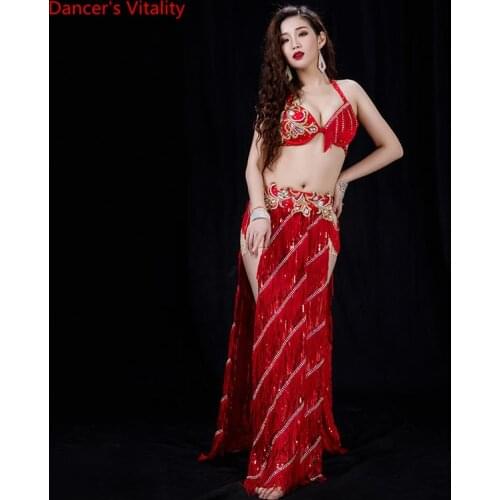 Oriental Dance Suit Diamond-Studded Bra Elegant Tassel Sequins Long Skirt Performance Practice Clothing Female Embroidery Set