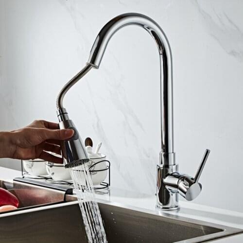 Brass Kitchen Faucets Silver Single Handle Pull Out Kitchen Tap Single Hole Handle Swivel 360 Degree Water Mixer Tap Mixer Tap