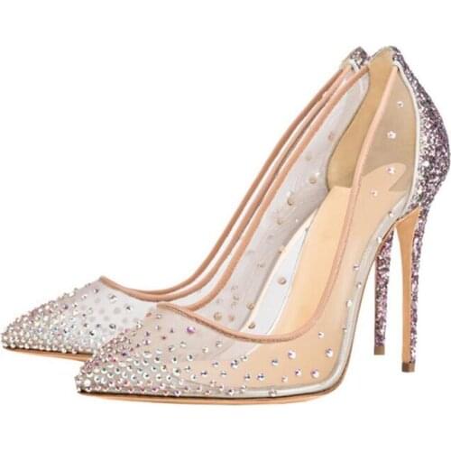 Linamong Spring Fashion Ladys Pointed Toe Bling Diamond Slip On Pumps Woman 12 cm Stiletto Heels Shallow Mesh Bride Shoes