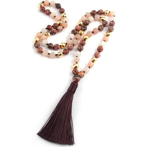 MOODPC Fashion Natural Stone Leopard Strpe beads Knotted Gold Magnetic Long Tassel Necklace Free Shipping