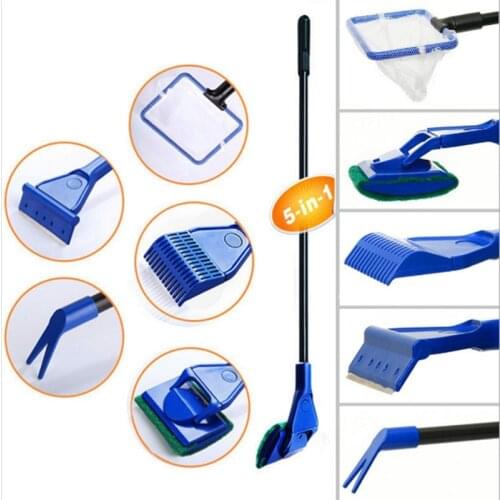 5 in 1 Cleaning Tools Aquarium Tank Clean Set Fish Net Gravel Rake Algae Scraper Fork Sponge Brush Glass Cleaner For Aquarium