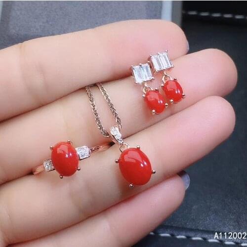 KJJEAXCMY fine jewelry natural red coral 925 sterling silver new women pendant earrings ring set support test luxury exquisite
