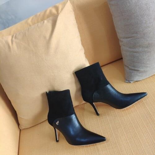 2021 Newest Winter Shoes Woma Sexy Genuine Leather Ankle Boots Woman Pointed-Toes Thin Heels Boots Woman Patchwork Boots Woman