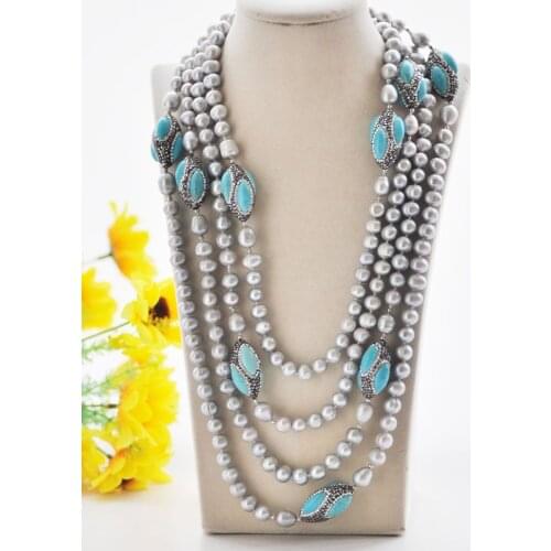 P7476 100" Gray Round Freshwater Pearl Turquoise Shuttle CZ Necklace