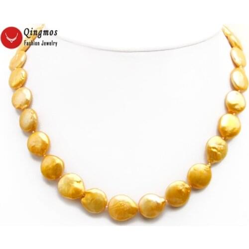 Qingmos Trendy Natural Pearl Necklace for Women with 12-13mm Coin Orange Freshwater Pearl Chokers Necklace Jewelry 17" nec6496