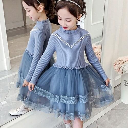 Dress For Girls Patchwork Lace Girl Dress Knitted Sweater Dress Kids Fall Fashion Beaded Dress Winter Warm Childrens Clothing