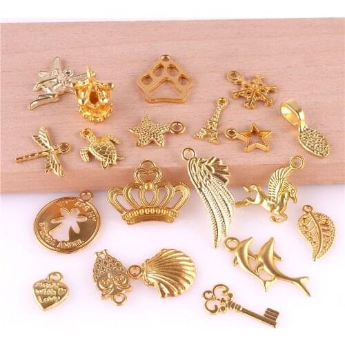 20pcs/Set Lots Gold Mixed Styles Crown Key Leaf Angel Wings Charm Pendants DIY Jewelry for Necklace Bracelet Craft Findings
