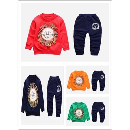 Retail Navy lion girls and boys clothe casual 2018 autumn printing hoodies + pant two pcs baby girl clothes set Kids suit