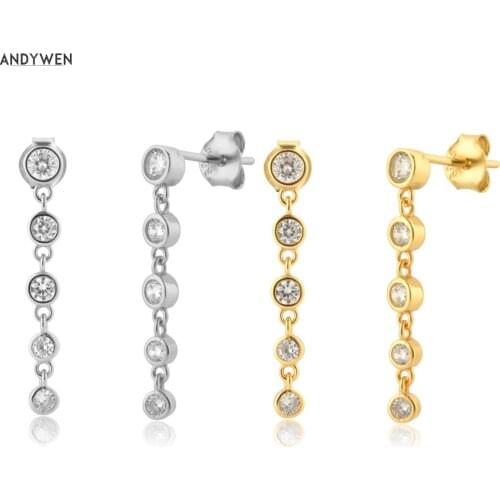 ANDYWEN 925 Sterling Silver Clear CZ Six Zircon 25mm Chain Stud Earring Wedding Gift Rock Rock Piercing Pendiente Fine Jewelry