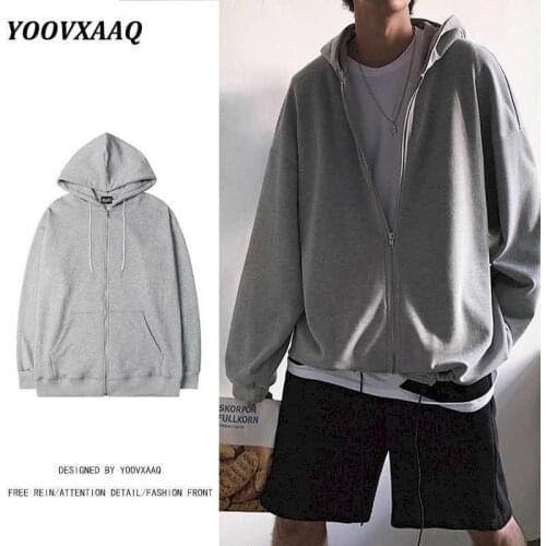 Gray Zipper Oversized Sweatshirt Men Hoodies Women Sports Basketball Jacket Hooded Autumn Clothes High School Grunge Clothes Top