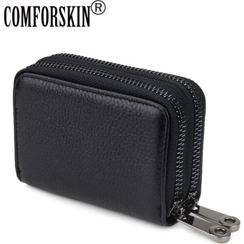 COMFORSKIN Genuine Leather Card Wallets Practical Zipper Purse New Arrivals High Quality Double Compartment Business Card Cases