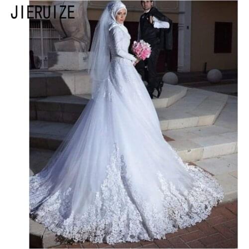 JIERUIZE Vintage Muslim Wedding Dresses Long Sleeve High Neck Appliques Lace Up Back Bridal Gowns Robe Marriage vestido De noiva