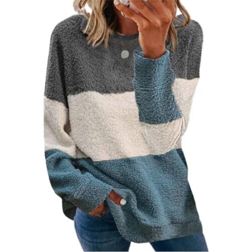 Plus Size Fleece Sweatshirt Women Winter Color Contrast Patchwork Long Sleeve Plush Loose Hoodies Female Pullover Warm Tops 2020