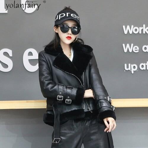 YOLANFAIRY Real Fur Coat Women Winter Jacket Sheep Shearling Fur Coats Motorcycle Genuine Leather Jackets Veste En Cuir KJ6382