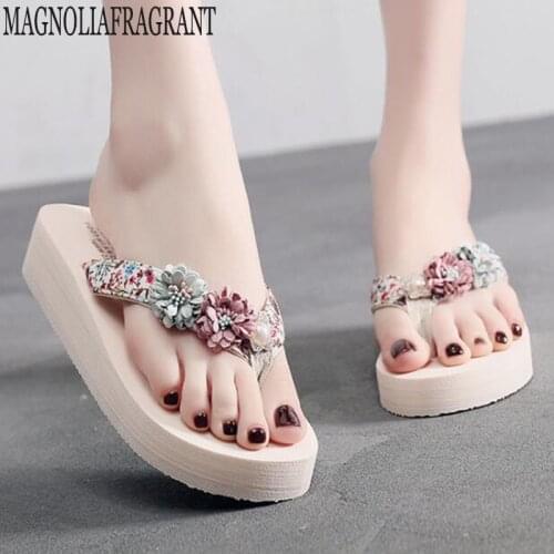 New Women Floral Beaded Sequin Embellishment Mesh Slippers Flip Flop Sandal Wedge platform shoes sandalia feminina c597