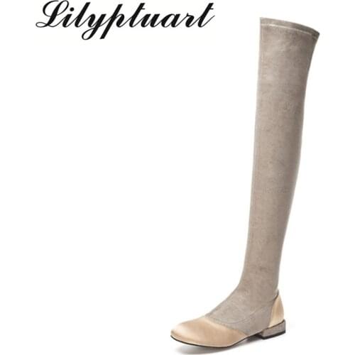 2019 European and American style stretch cloth set foot fashion boots square head low low heel knee winter boots women