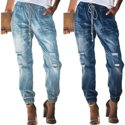 Women Vintage Elastic Waist Drawstring Washed Ripped Hole Distressed Jeans Ladies Casual Denim Pants
