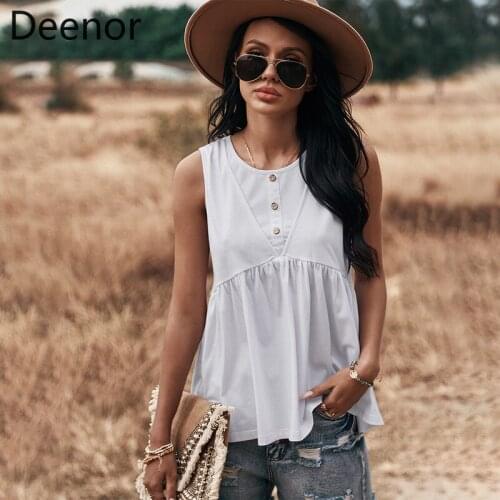 Deenor New Summer Women Chiffon Tops Casual Loose Round Neck Sleeveless Pullover Vest Solid Color White Black Blue Tank Tops